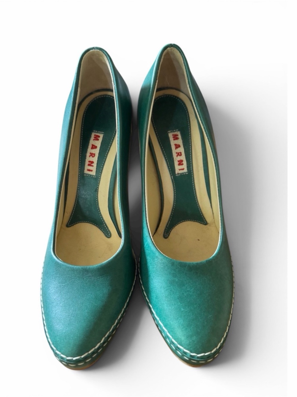 Marni Teal Leather Stitched Platform Pumps - Picture 2 of 5